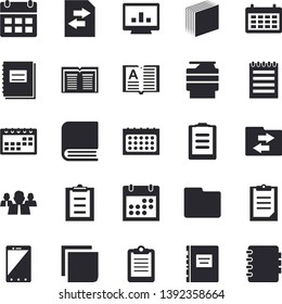 Solid Vector Icon Set - Team Flat Vector, Calendar, Clipboard, Notebook, Computer Chart, File, Sticker, Copy Machine, Book, Notepad, Textbook, Sharing, Mobile