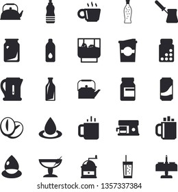 Solid vector icon set - teapot flat vector, electric kettle, coffee grinder, turk, machine, beans, lemonade, whiskey, soda, coffe, tea, drop, glass bottles, vitamins, water, cocktail fector