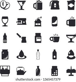 Solid vector icon set - teapot flat vector, electric kettle, coffee grinder, turk, machine, beans, lemonade, wine, cocktail, whiskey, coffe, tea, drop, glass bottles, vitamins, water, fector