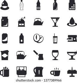 Solid vector icon set - teapot flat vector, electric kettle, coffee grinder, turk, machine, beans, lemonade, wine, cocktail, whiskey, soda, coffe, drop, glass bottles, vitamins, water, fector