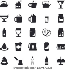 Solid vector icon set - teapot flat vector, electric kettle, coffee grinder, turk, machine, beans, lemonade, wine, cocktail, soda, coffe, tea, drop, glass bottles, vitamins, water, fector