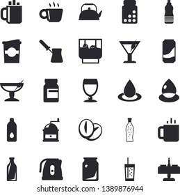 Solid vector icon set - teapot flat vector, electric kettle, coffee grinder, turk, beans, lemonade, wine, cocktail, whiskey, soda, coffe, tea, drop, glass bottles, vitamins, water, fector