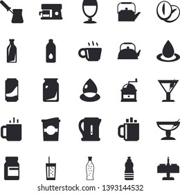 Solid vector icon set - teapot flat vector, electric kettle, coffee grinder, turk, machine, beans, lemonade, wine, cocktail, soda, coffe, tea, drop, glass bottles, vitamins, water, fector