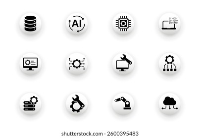 Solid vector icon set with technology engineering, robotics, wrench, digital icons.