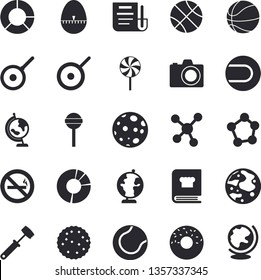 Solid vector icon set - teflon flat vector, kitchen egg timer, meat hammer, cookbook, donut, lollipop, biscuit, molecules, clircle diagram, document, moon, globe, basketball, tennis ball, no smoking