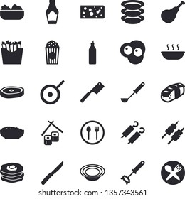 Solid vector icon set - teflon flat vector, ladle, whisk, knives, table setting, plates, ham, ketchup, cheese, dish, salad, soup, porridge, chop, shashlik, French fries, fish rolls, sashimi, popcorn