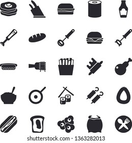 Solid vector icon set - teflon flat vector, whisk, knives, rolling pin, blender, flour, ketchup, sausage, bread, canned food, spaghetti on a fork, hamburger, hot dog, porridge, chicken, shashlik