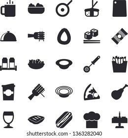 Solid vector icon set - teflon flat vector, cook hat, kitchen spoon, cutting board, spice, dish, spaghetti, ham, sausage, on a fork, hot dog, pizza, salad, chop, French fries, fish rolls, sashimi