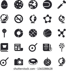 Solid vector icon set - teflon flat vector, kitchen egg timer, meat hammer, cookbook, donut, lollipop, molecules, clircle diagram, document, moon, globe, basketball, tennis ball, disco fector