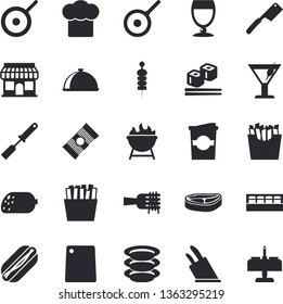 Solid vector icon set - teflon flat vector, cook hat, kitchen spatula, knives, cutting board, spice, barbecue, dish, plates, spaghetti, chop, sausage, on a fork, hot dog, French fries, fish rolls