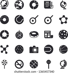Solid vector icon set - teflon flat vector, donut, lollipop, biscuit, molecules, clircle diagram, document, moon, globe, basketball, tennis ball, disco fector, camera, no smoking