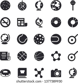 Solid vector icon set - teflon flat vector, cookbook, donut, lollipop, biscuit, molecules, clircle diagram, document, moon, globe, basketball, tennis ball, disco fector, camera, no smoking