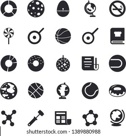 Solid vector icon set - teflon flat vector, kitchen egg timer, meat hammer, cookbook, donut, lollipop, molecules, clircle diagram, document, moon, globe, basketball, tennis ball, disco fector