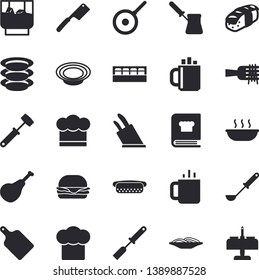 Solid vector icon set - teflon flat vector, cook hat, ladle, kitchen spatula, knives, meat hammer, cutting board, turk, cookbook, spice, plates, ham, spaghetti on a fork, hamburger, hot dog, dish
