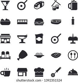 Solid vector icon set - teflon flat vector, cook hat, kitchen spoon, spice, table setting, chop, spaghetti, hamburger, salad, ham, fish rolls, sashimi, cocktail, coffe, canape, store front, coffee