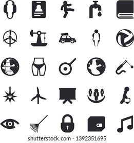 Solid vector icon set - teflon flat vector, rake, water tap, oil pumping, windmill, laser, welding, earth, purse, flipchart, businessman, book, teamwork, volleyball, waistline, gymnastics, size, eye