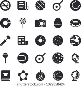 Solid vector icon set - teflon flat vector, kitchen egg timer, meat hammer, cookbook, donut, lollipop, biscuit, molecules, clircle diagram, document, moon, globe, basketball, tennis ball, camera