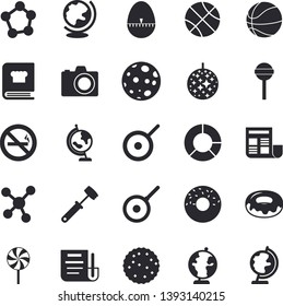 Solid vector icon set - teflon flat vector, kitchen egg timer, meat hammer, cookbook, donut, lollipop, biscuit, molecules, clircle diagram, document, moon, globe, basketball, disco ball fector