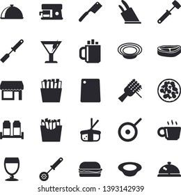 Solid vector icon set - teflon flat vector, kitchen spatula, spoon, knives, meat hammer, cutting board, spice, coffee machine, dish, chop, spaghetti on a fork, hamburger, pizza, French fries, wine