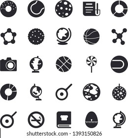Solid vector icon set - teflon flat vector, kitchen egg timer, cookbook, donut, lollipop, biscuit, molecules, clircle diagram, document, moon, globe, basketball, tennis ball, disco fector, camera