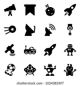 Solid vector icon set - telescope vector, flag, moon, rocket, first satellite, antenna, laser, rover, robot, teethers, ufo toy