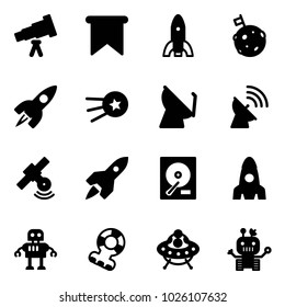 Solid vector icon set - telescope vector, flag, rocket, moon, first satellite, antenna, hdd, robot, teethers, ufo toy