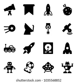 Solid vector icon set - telescope vector, flag, rocket, moon, first satellite, antenna, laser, rover, hdd, robot, teethers, ufo toy