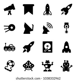 Solid vector icon set - telescope vector, flag, rocket, first satellite, antenna, laser, moon rover, hdd, teethers, ufo toy, robot