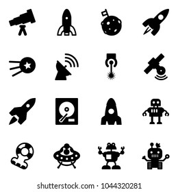 Solid vector icon set - telescope vector, rocket, moon flag, first satellite, antenna, laser, hdd, robot, teethers, ufo toy