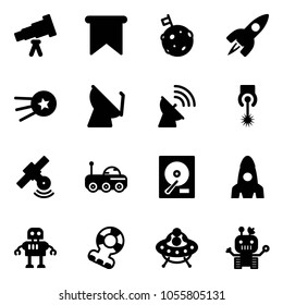 Solid vector icon set - telescope vector, flag, moon, rocket, first satellite, antenna, laser, rover, hdd, robot, teethers, ufo toy