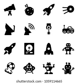 Solid vector icon set - telescope vector, moon flag, rocket, first satellite, antenna, laser, rover, hdd, robot, teethers, ufo toy