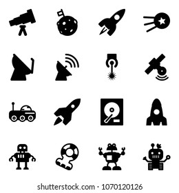 Solid vector icon set - telescope vector, moon flag, rocket, first satellite, antenna, laser, rover, hdd, robot, teethers