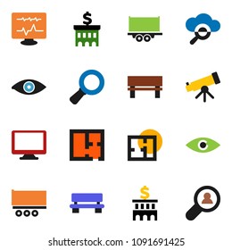 solid vector icon set - telescope vector, magnifier, bank building, truck trailer, monitor, eye, diagnostic, cloud glass, bench, plan, client search
