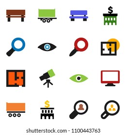 solid vector icon set - telescope vector, magnifier, bank building, truck trailer, monitor, eye, bench, plan, client search