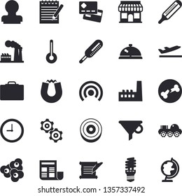 Solid vector icon set - temperature flat vector, popcorn, factory, manufactory, energy saving lamp, store front, funnel, credit card, thermometer, bone fracture, clock, document, stamp, notepad