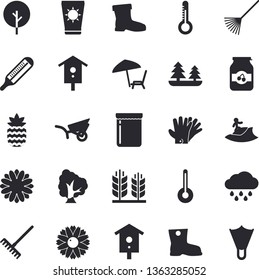 Solid vector icon set - temperature flat vector, jam, pineapple, thermometer, nesting box, tree, flower, rake, garden wheelbarrow, gumboots, gloves, rain, forest, ear, chaise lounge fector, surfing