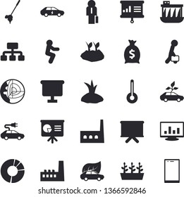 Solid vector icon set - temperature flat vector, planting plants, seedlings, hydroelectric power station, manufactory, eco cars, electric, hierarchy, wealth, flip chart, computer chart, businessman