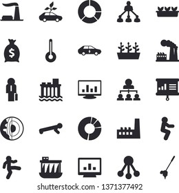 Solid vector icon set - temperature flat vector, seedlings, factory, hydroelectric power station, manufactory, eco cars, electric, hierarchy, wealth, computer chart, clircle diagram, businessman