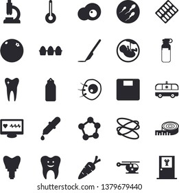 Solid vector icon set - temperature flat vector, egg, scrambled eggs, orange, carrot, pill packaging, pipette, computer diagnostics of health, microscope, ambulance, ampoule, helicopter, embryo