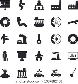Solid vector icon set - temperature flat vector, planting plants, factory, hydroelectric power station, manufactory, eco cars, electric, flipchart, computer chart, clircle diagram, hierarchy, squats