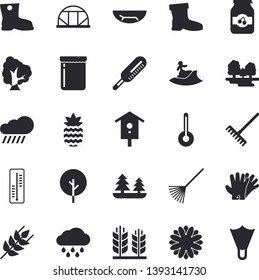 Solid vector icon set - temperature flat vector, ear, jam, pineapple, thermometer, nesting box, tree, flower, rake, gumboots, gloves, rain, greenhouse, forest, sea beach fector, surfing, flippers