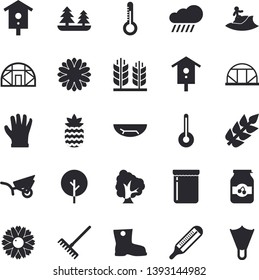 Solid vector icon set - temperature flat vector, jam, pineapple, thermometer, nesting box, tree, flower, rake, garden wheelbarrow, gumboots, gloves, rain, greenhouse, forest, ear, sea beach fector