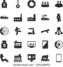 Solid vector icon set - temperature flat vector, planting plants, seedlings, factory, hydroelectric power station, manufactory, eco cars, electric, hierarchy, wealth, computer chart, clircle diagram