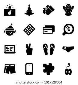 Solid vector icon set - terrorism vector, christmas tree, gloves, angel, elf, pills blister, credit card, money search, statistics monitor, victory, flip flops, swimsuit, mobile phone, puzzle, yoyo