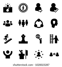 Solid vector icon set - terrorism vector, no pedestrian road sign, user login, check, group, community, head bulb, career, winner, world, opportunity, success, speaker, star man