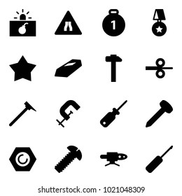 Solid vector icon set - terrorism vector, Road narrows sign, gold medal, star, hammer, steel rolling, mason, clamp, screwdriver, nail, nut, screw, pipe welding, awl