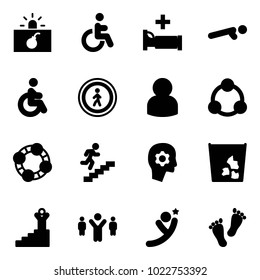 Solid vector icon set - terrorism vector, disabled, hospital bed, push ups, no pedestrian road sign, user, social, friends, career, brain work, garbage, success, team leader, flying man, feet