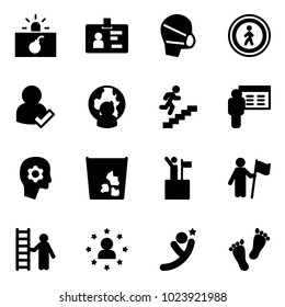 Solid vector icon set - terrorism vector, identity, medical mask, no pedestrian road sign, user check, man globe, career, presentation, brain work, garbage, win, opportunity, star, flying, feet