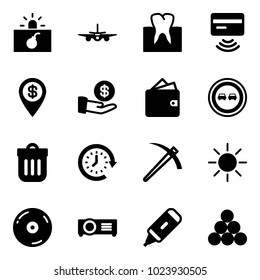 Solid vector icon set - terrorism vector, plane, tooth, tap pay, dollar pin, investment, wallet, no overtake road sign, trash bin, clock around, job, sun, cd, projector, marker, billiards balls