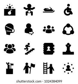 Solid vector icon set - terrorism vector, baby, snowmobile, disabled, medical mask, user login, group, social, career, contact book, winner, win, opportunity, star man